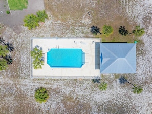 En vy från ovan av en rektangulär swimmingpool med ett blått tak, omgiven av palmer och ett inhägnat område.