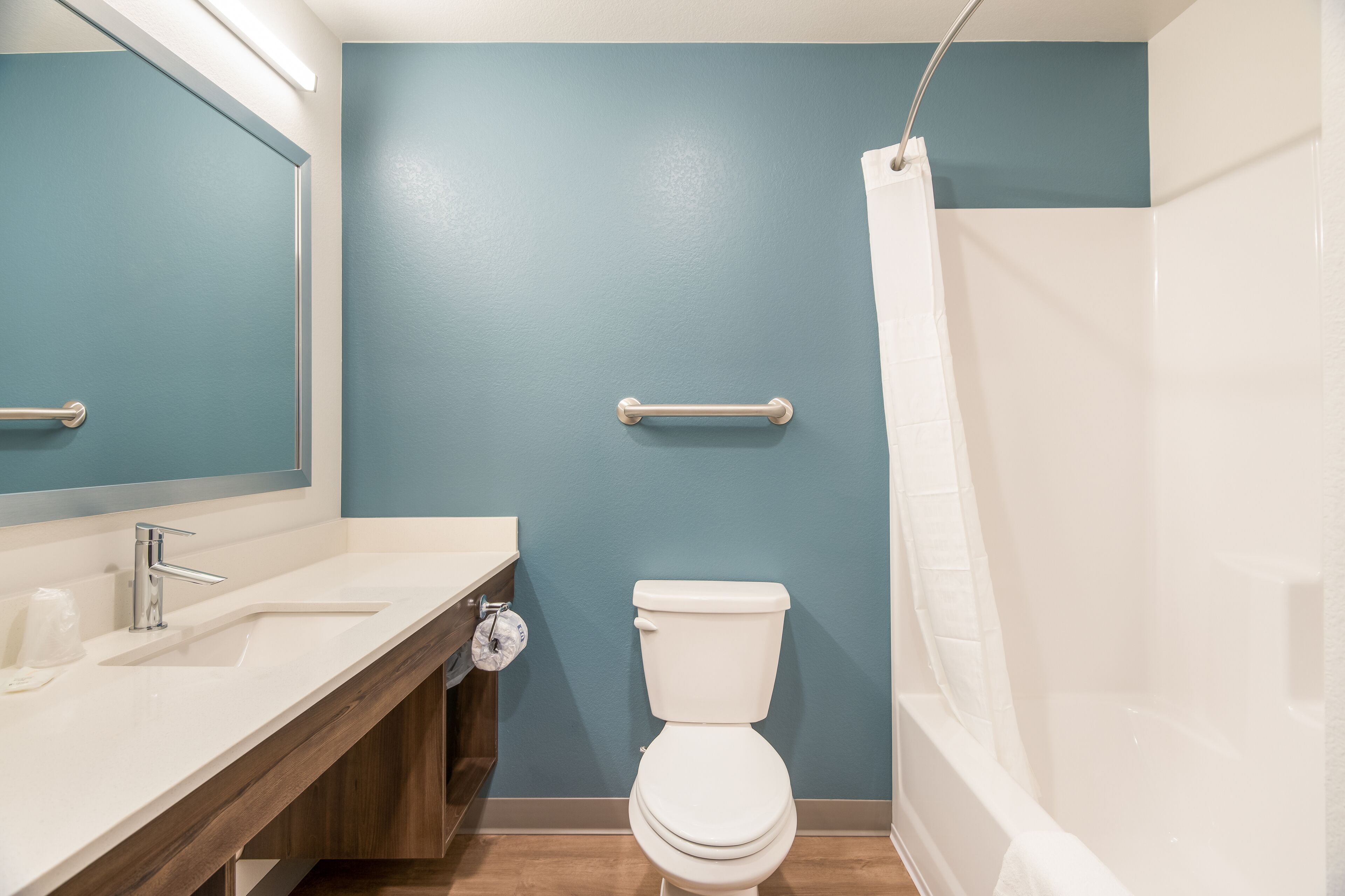 combined shower/bathtub, free toiletries, soap, shampoo