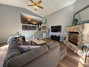 Smart TV, fireplace, DVD player, books