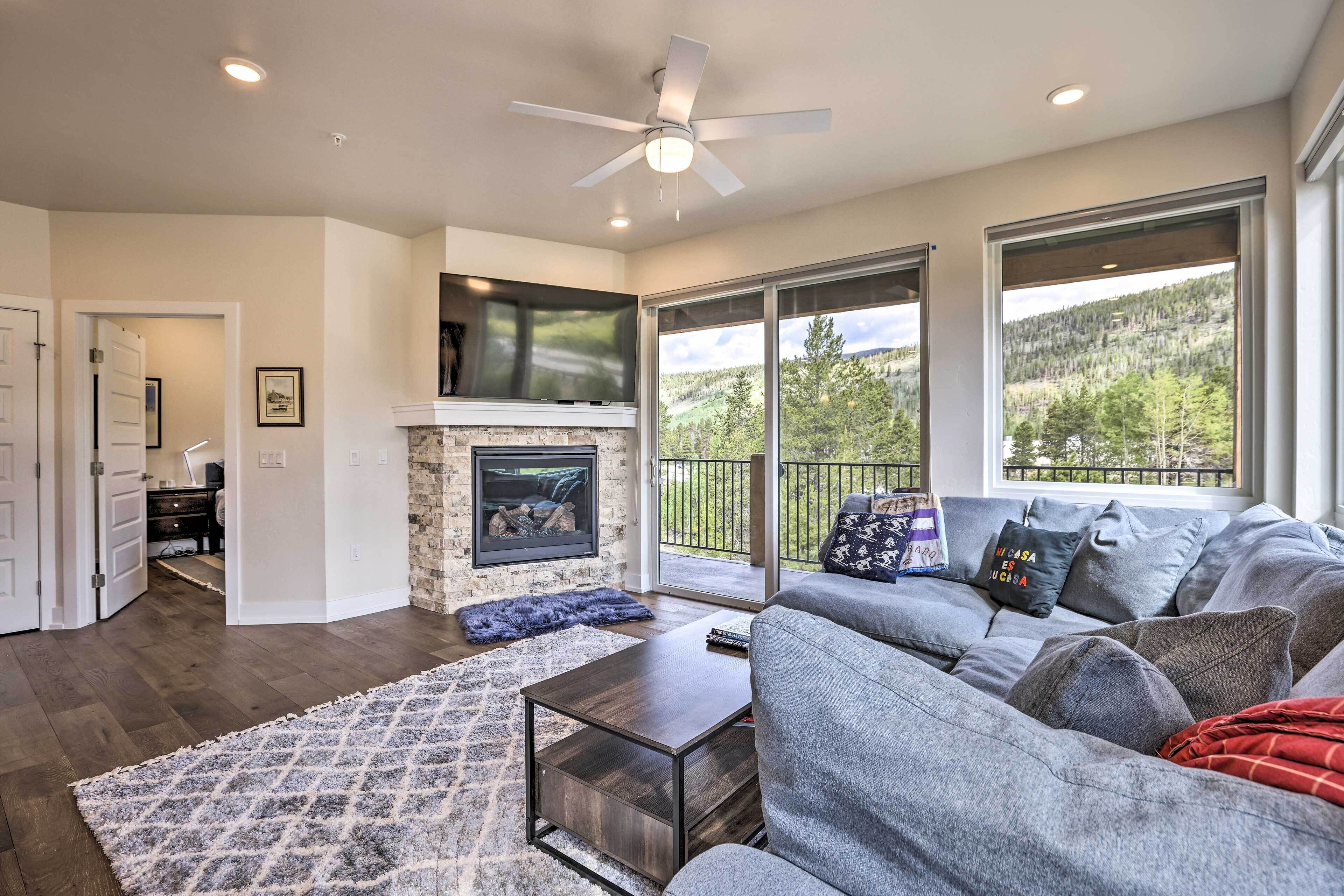 TV, fireplace, books