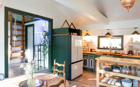 A modern kitchen with a central island, wooden chairs, and a hanging plant.