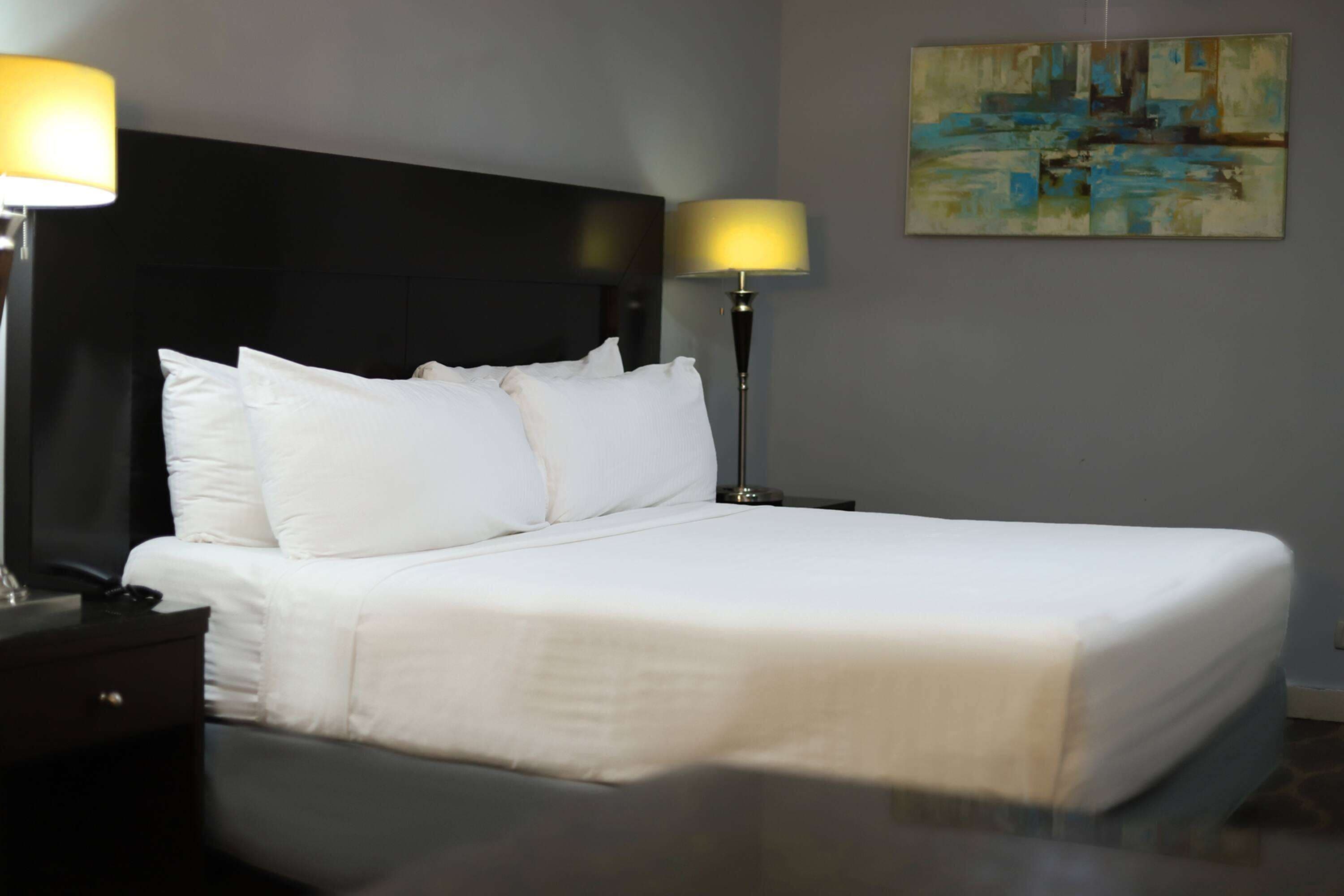 A neatly made bed with white linens, a dark headboard, and a bedside lamp.