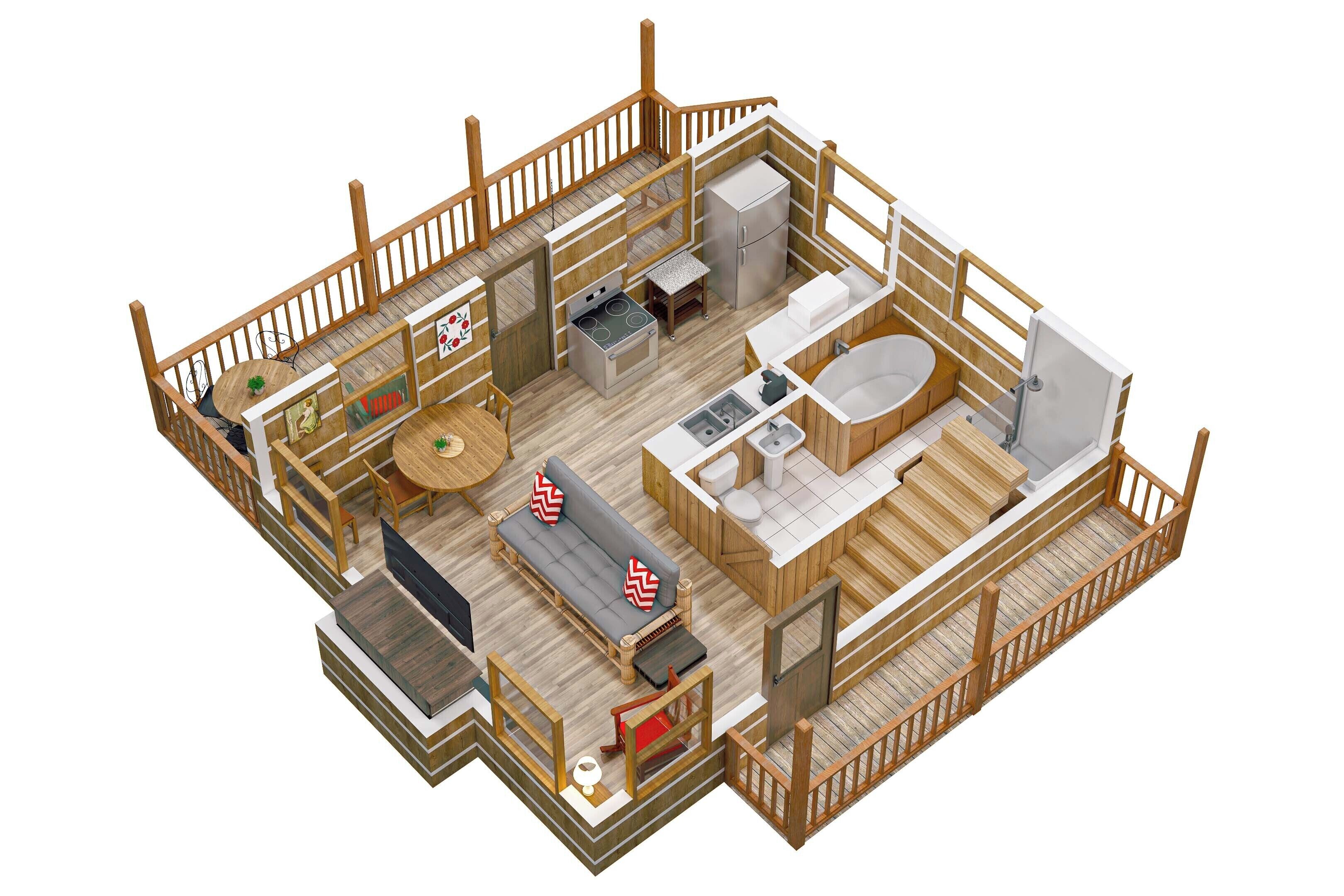 Modelo 3D de una cabaña con cocina, comedor y una pequeña terraza exterior.