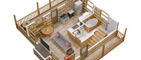 Modelo 3D de una cabaña con cocina, comedor y una pequeña terraza exterior.