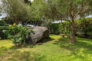 Un jardin avec un grand rocher, un arbre et un banc.