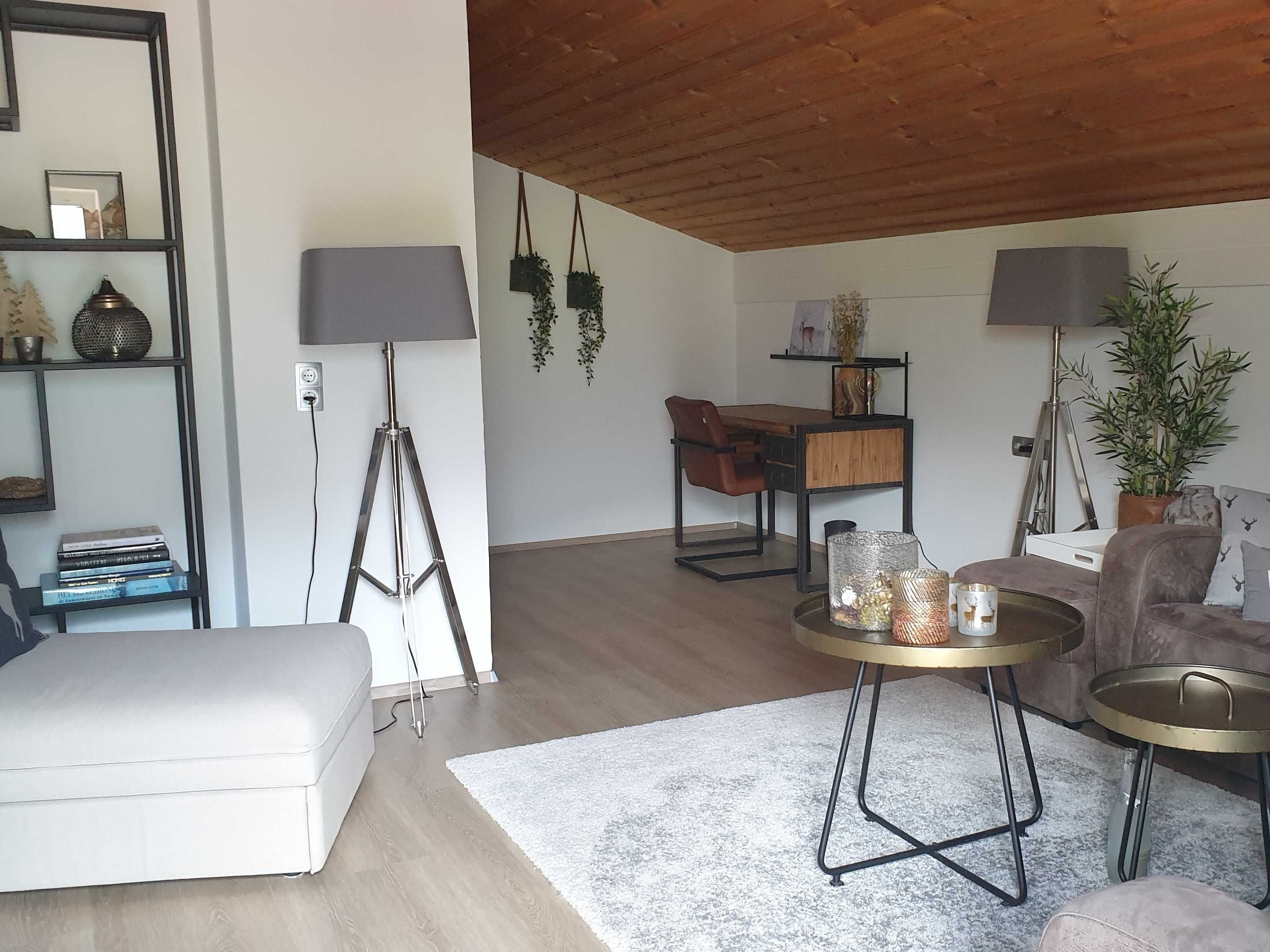 A living room with a sofa, a coffee table, a desk with a chair, and a lamp.