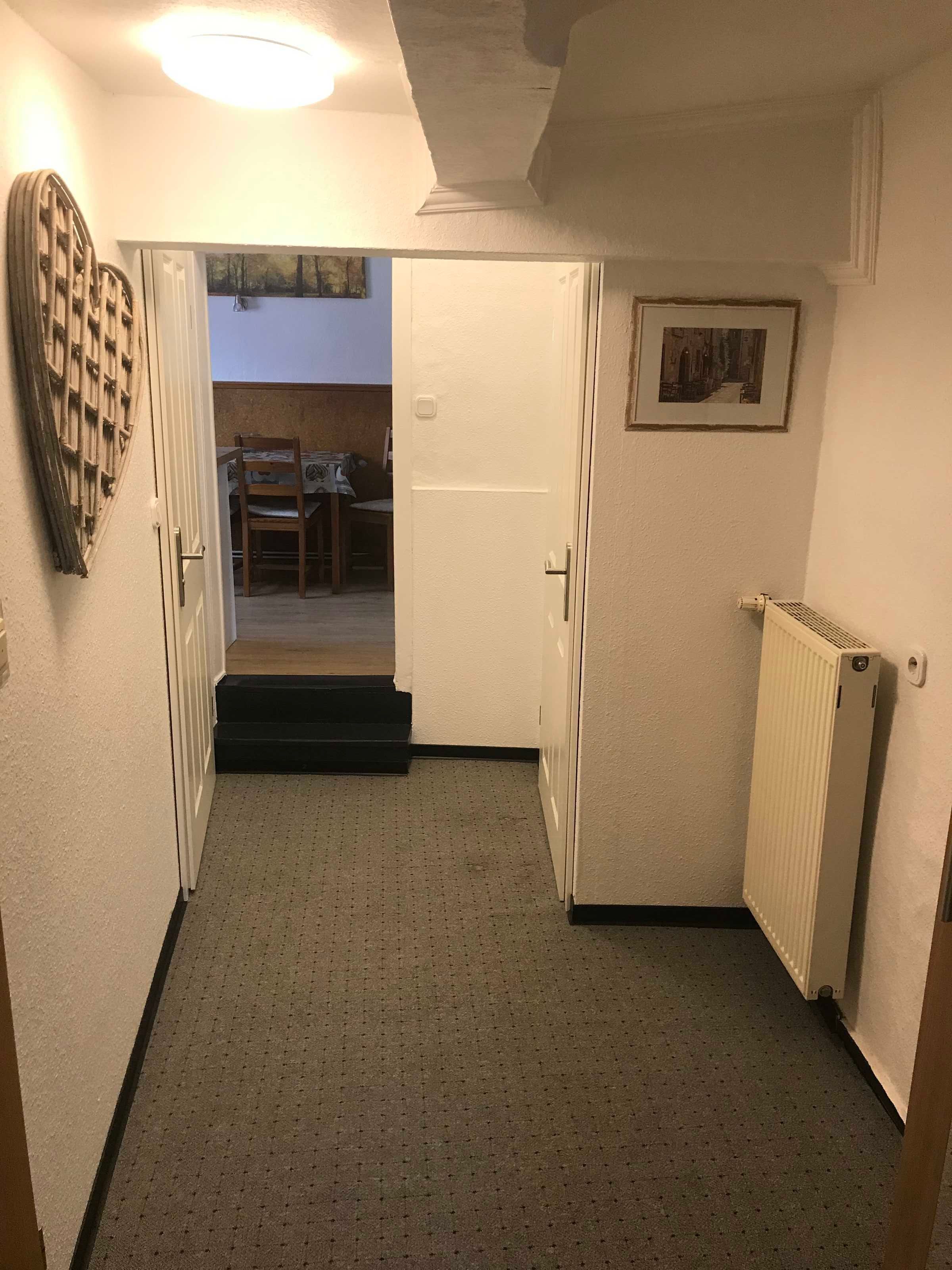Käytävä, jossa on ovi huoneeseen, patteri ja seinällä oleva kehystetty taulu.