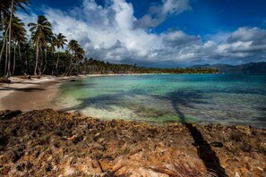 Una playa tropical con aguas turquesas cristalinas, palmeras y costas rocosas.