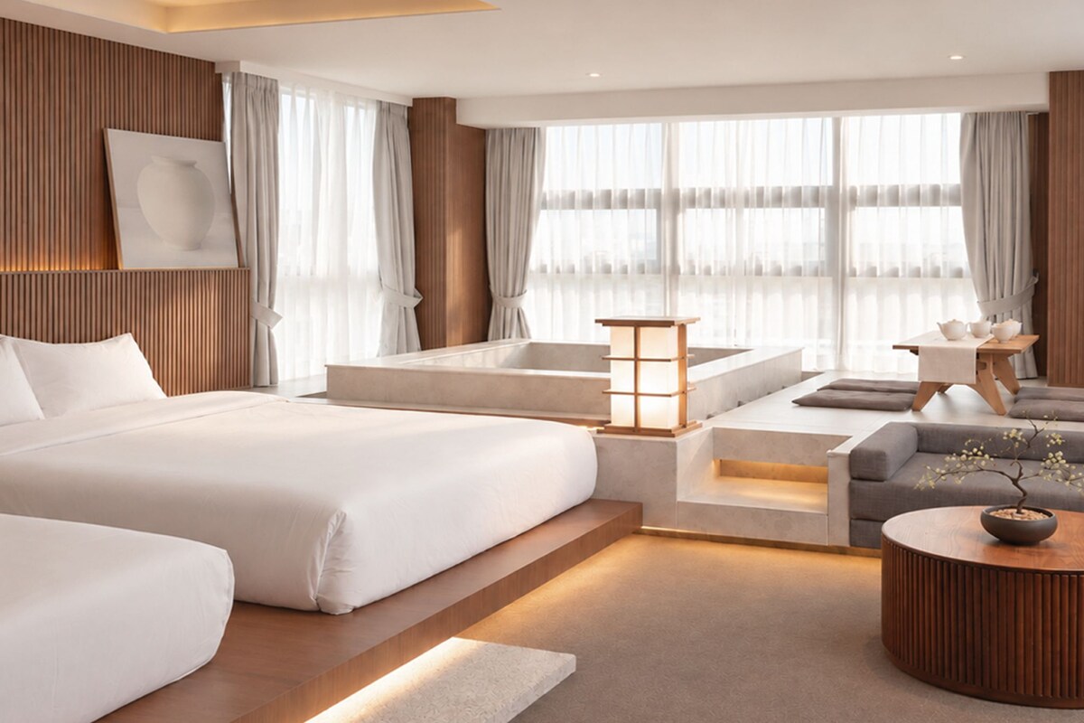 Main Double Twin Timber Spa Room (Randomly selected) | Blackout drapes, iron/ironing board (on request), WiFi (free)