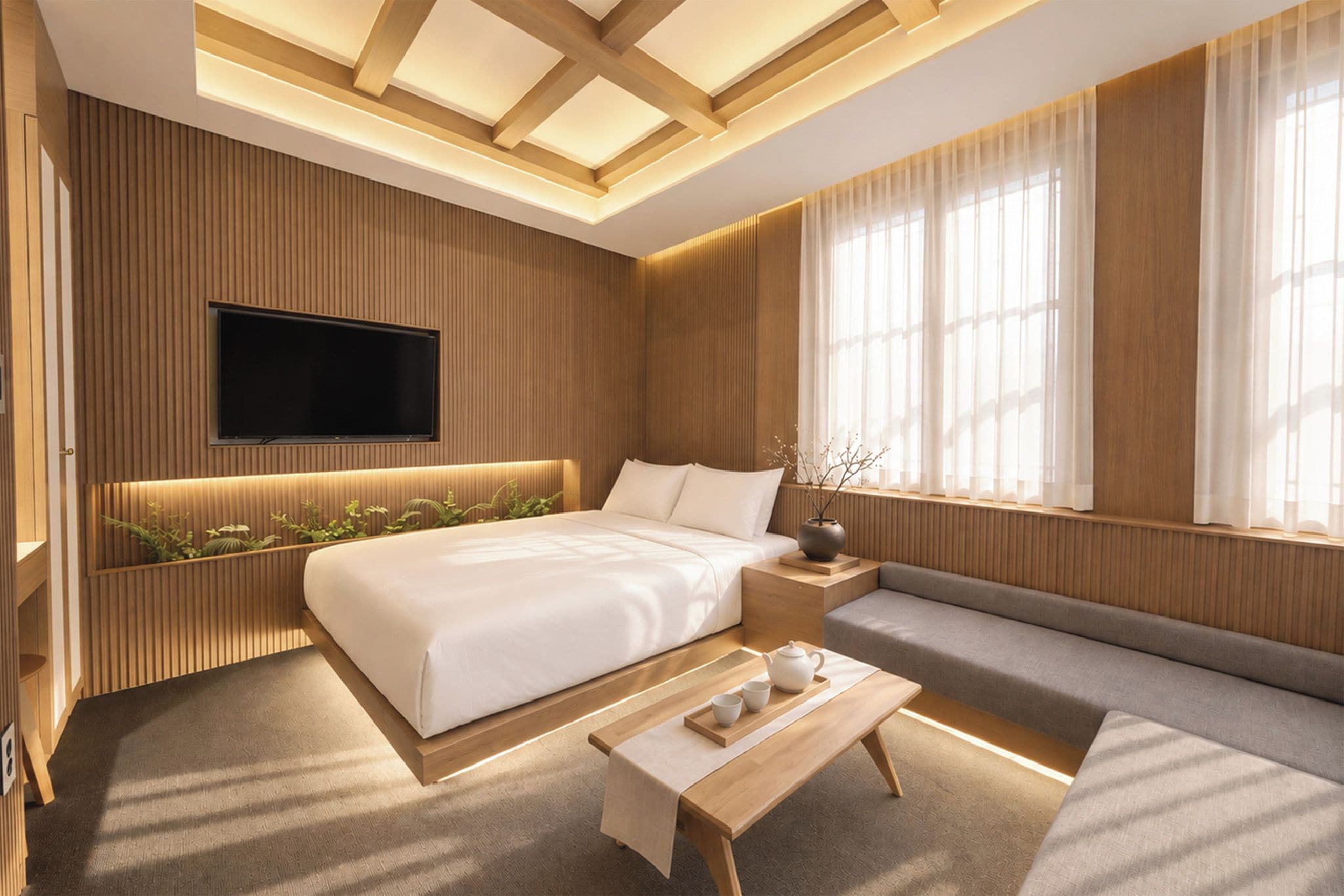 A modern hotel room with a large bed, a sofa, a TV mounted on the wall, and a window with sheer curtains.