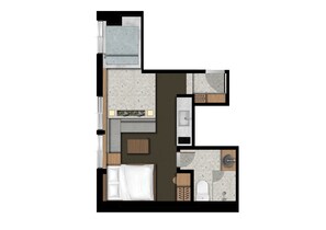 A floor plan of a hotel room with a bed, a bathroom, a kitchenette, and a small sitting area. - UH Suite The Myeongdong (Seoul)