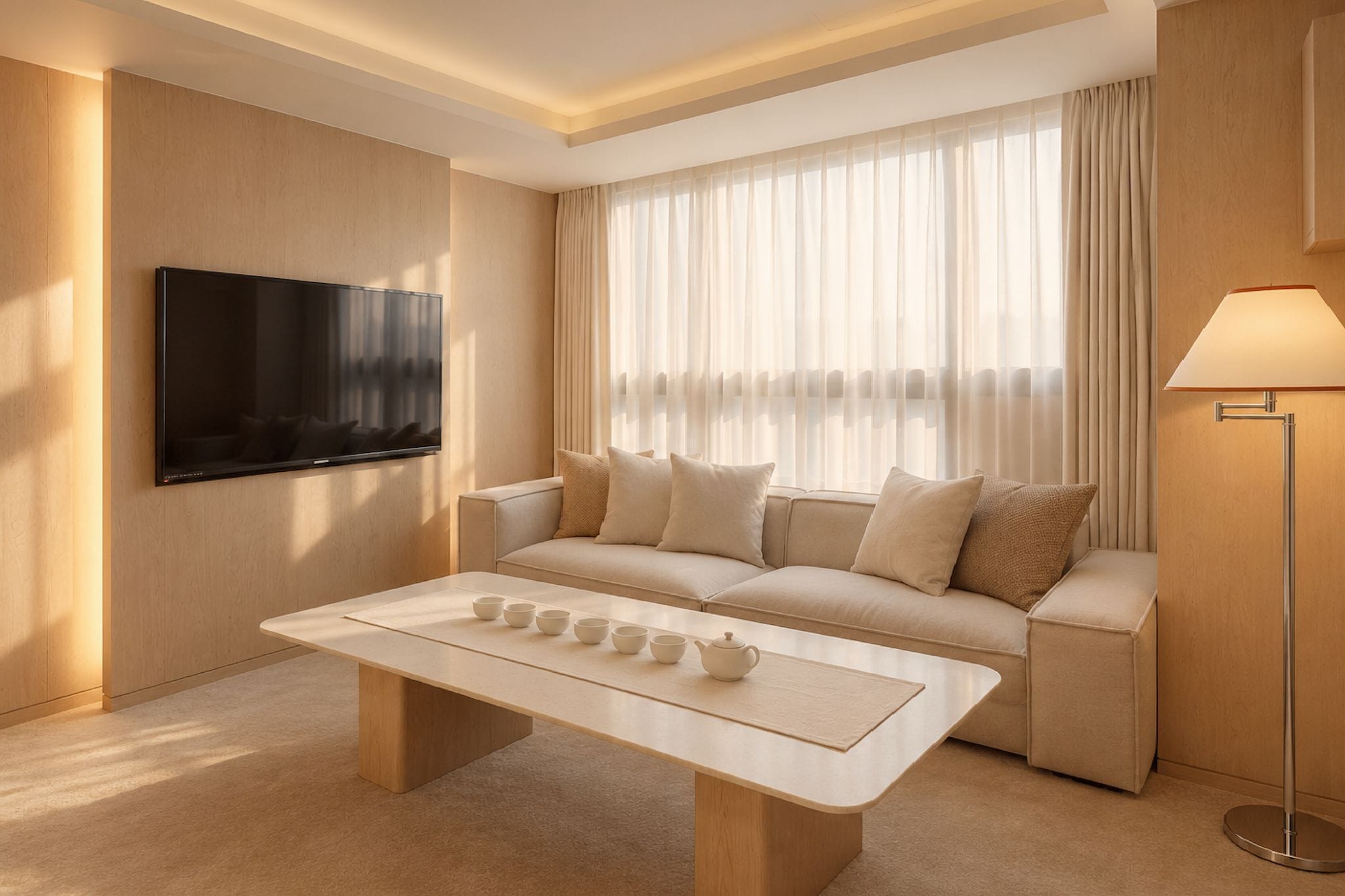 Une chambre d’hôtel moderne équipée d’un téléviseur à écran plat fixé au mur, d’un canapé avec des coussins, d’une table basse avec des théières et des tasses, et d’un lampadaire.