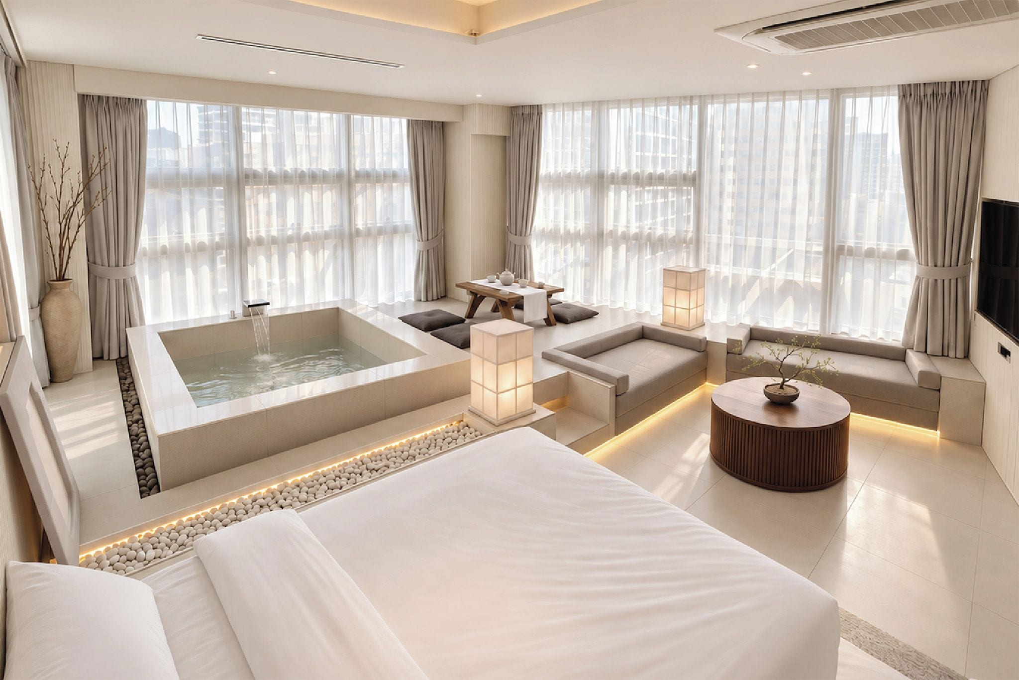 A modern hotel room with a large bed, a sitting area with a table and chairs, a bathtub, and large windows with curtains.