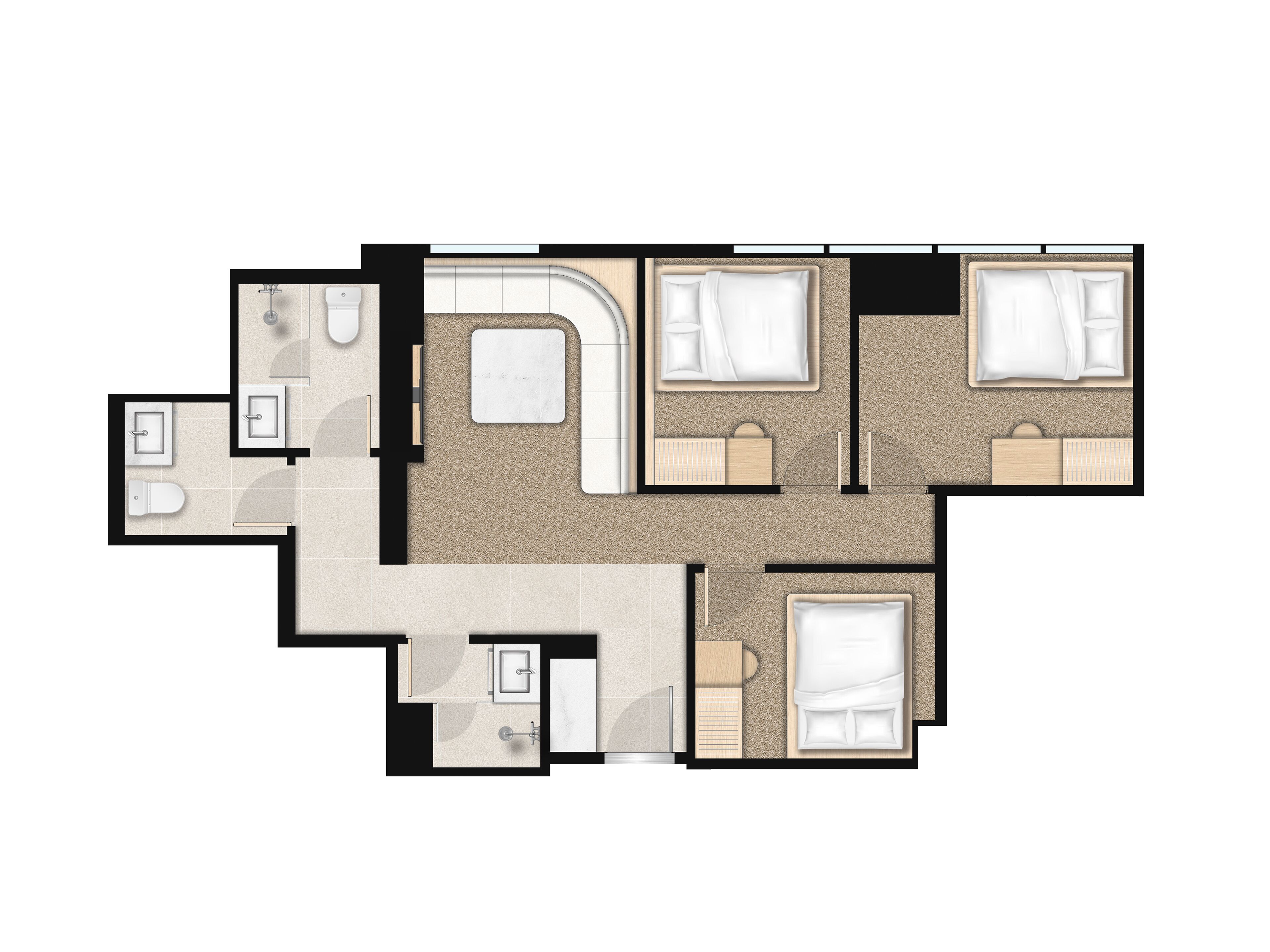 A hotel room layout with two beds, a bathroom, and a sitting area.