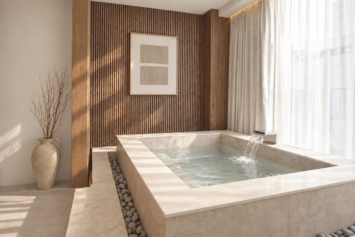 Main Double Timber Spa Room (Randomly selected) | Blendingsgardiner, strykejern/-brett, wi-fi (inkludert) og sengetøy