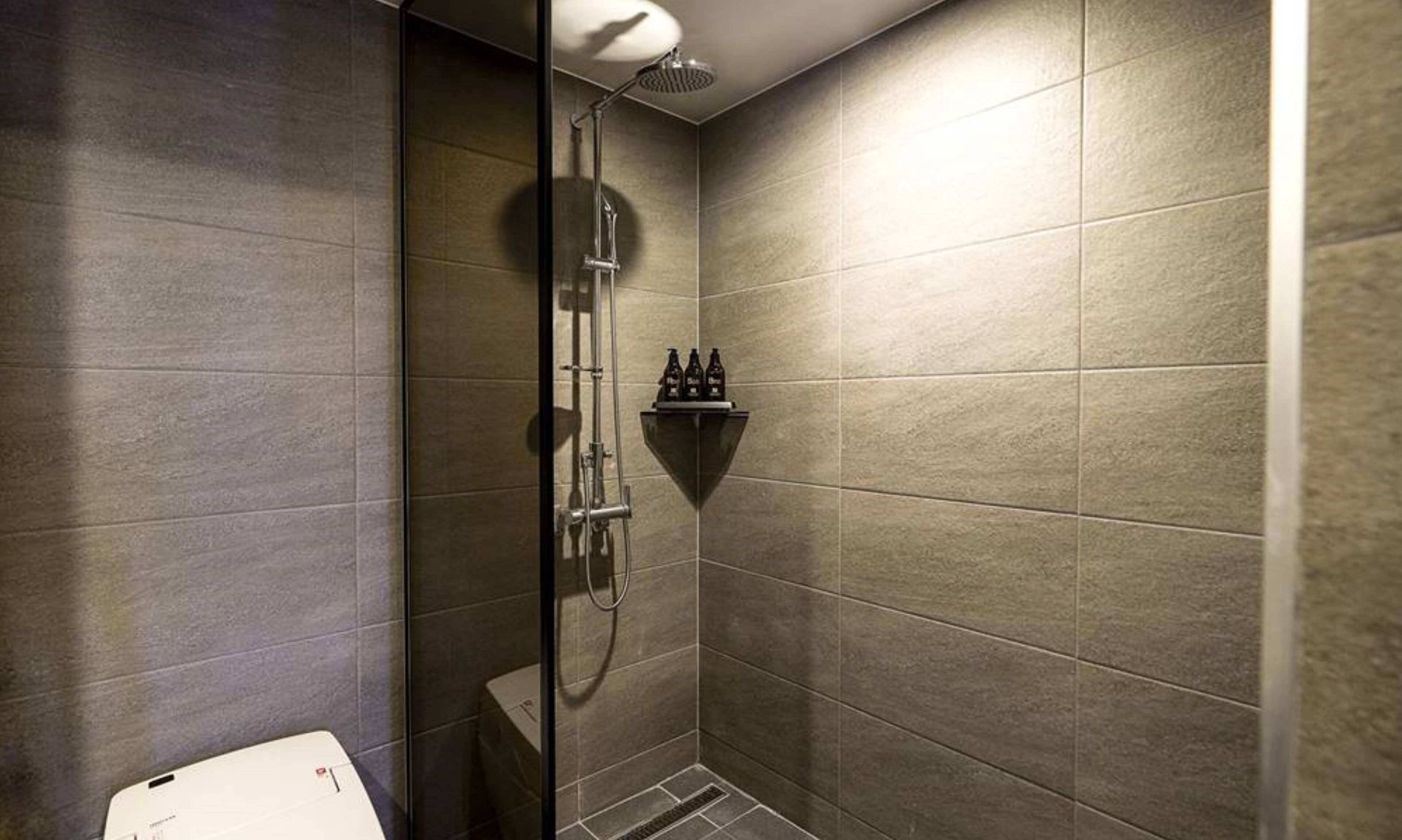 Un bagno moderno con doccia, WC e uno scaffale con articoli da toilette.