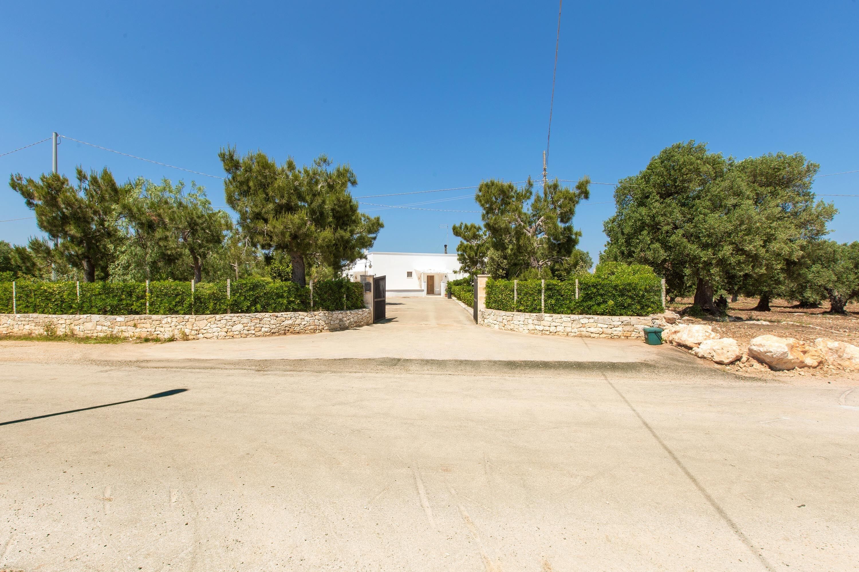 A paved driveway leading to a building with a stone wall on one side and trees on the other.