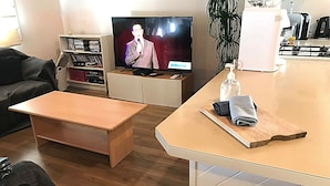 Ein modernes Wohnzimmer mit Fernseher, einer Holzlounge, einer Küchenzeile inklusive Toaster und einem Bücherregal.