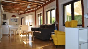 Smart TV, caminetto, libri, impianto stereo
