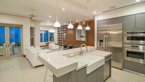 A modern kitchen with a large island, stainless steel appliances, and pendant lighting. - Ocean View, Modern Luxury w/Jacuzzi & access to all amenities! (Puntarenas)