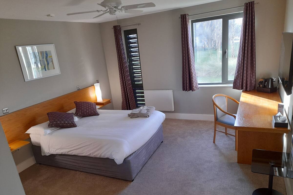 A hotel room with a bed, a desk, a chair, a radiator, a window with curtains, a ceiling fan, and a framed picture on the wall.