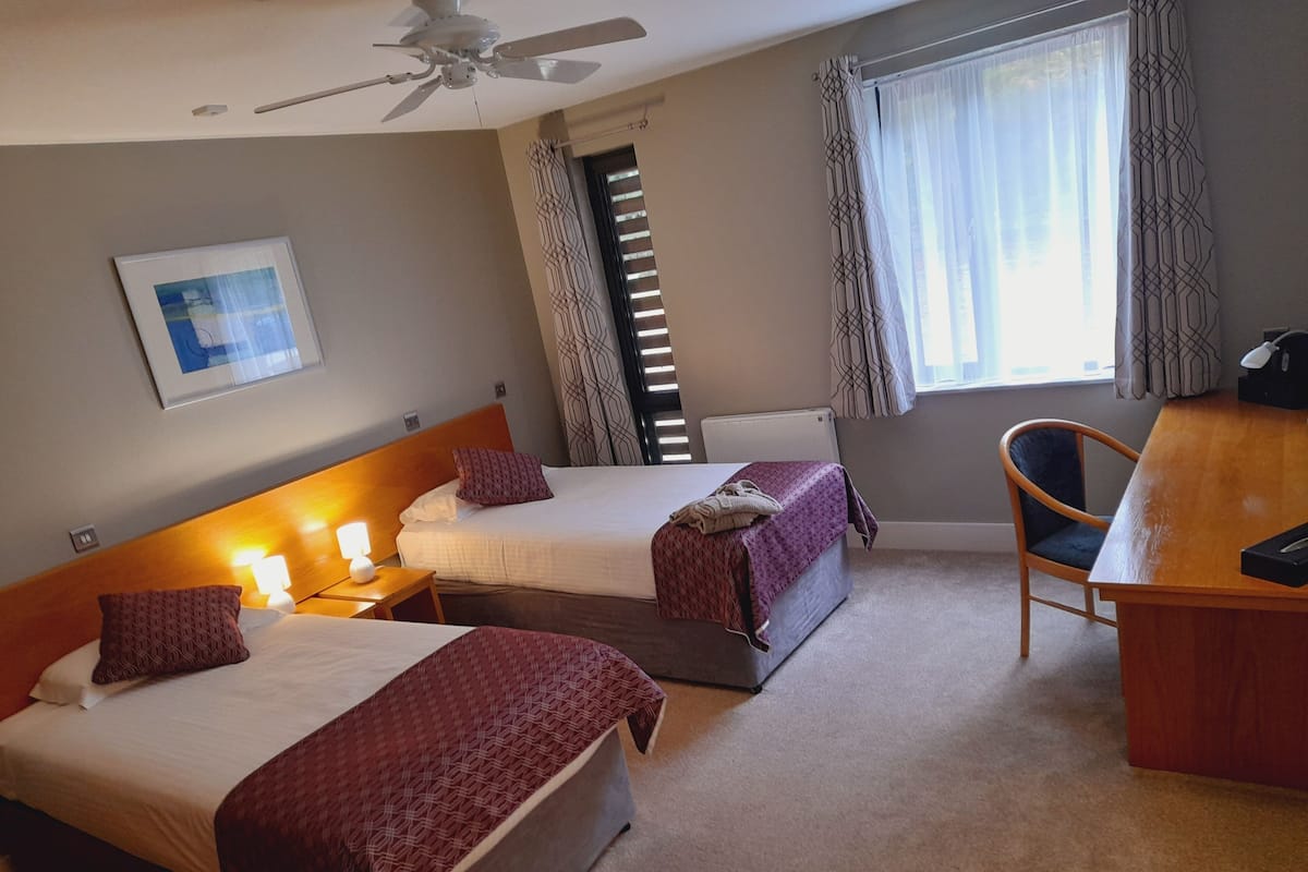 A hotel room with two beds, a desk, a chair, a ceiling fan, a window with curtains, and a framed picture on the wall.