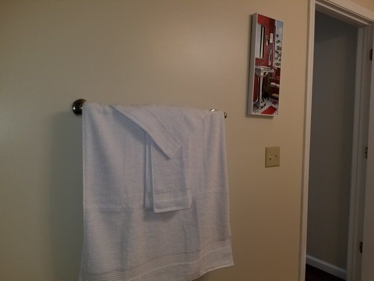 Ein Badezimmer mit einem Handtuch an einem Metallhandtuchhalter, einem kleinen gerahmten Bild an der Wand und einer Tür, die in einen anderen Raum führt.