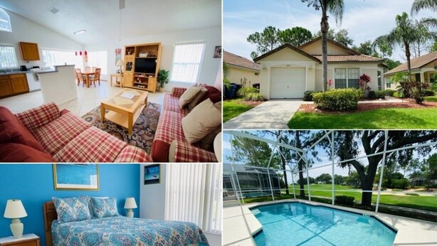 A modern living room with a sofa, a coffee table, and a TV. - Gorgeous Views From Pool! 3 Bedroom Home by RedAwning (Haines City)