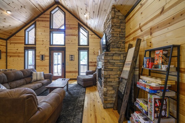 Smart TV, fireplace, video games, books