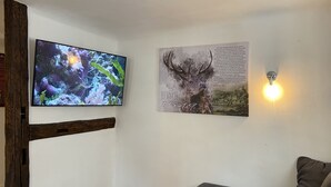 Una habitación con piso de madera, un sofá gris, un televisor montado mostrando una escena submarina y un cuadro con la imagen de una cabeza de ciervo y texto.
