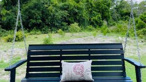 A black outdoor bench with a cushion, surrounded by greenery. - Paris Suite @Carolina Beach, Walk to Carolina Beach State Park (Carolina Beach)