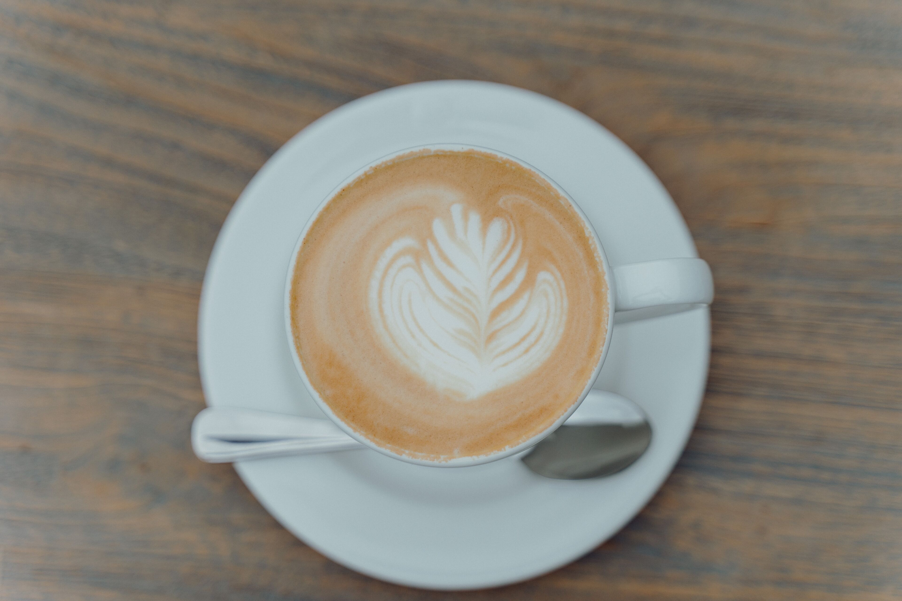 Een kop koffie met latte-art op een schotel.