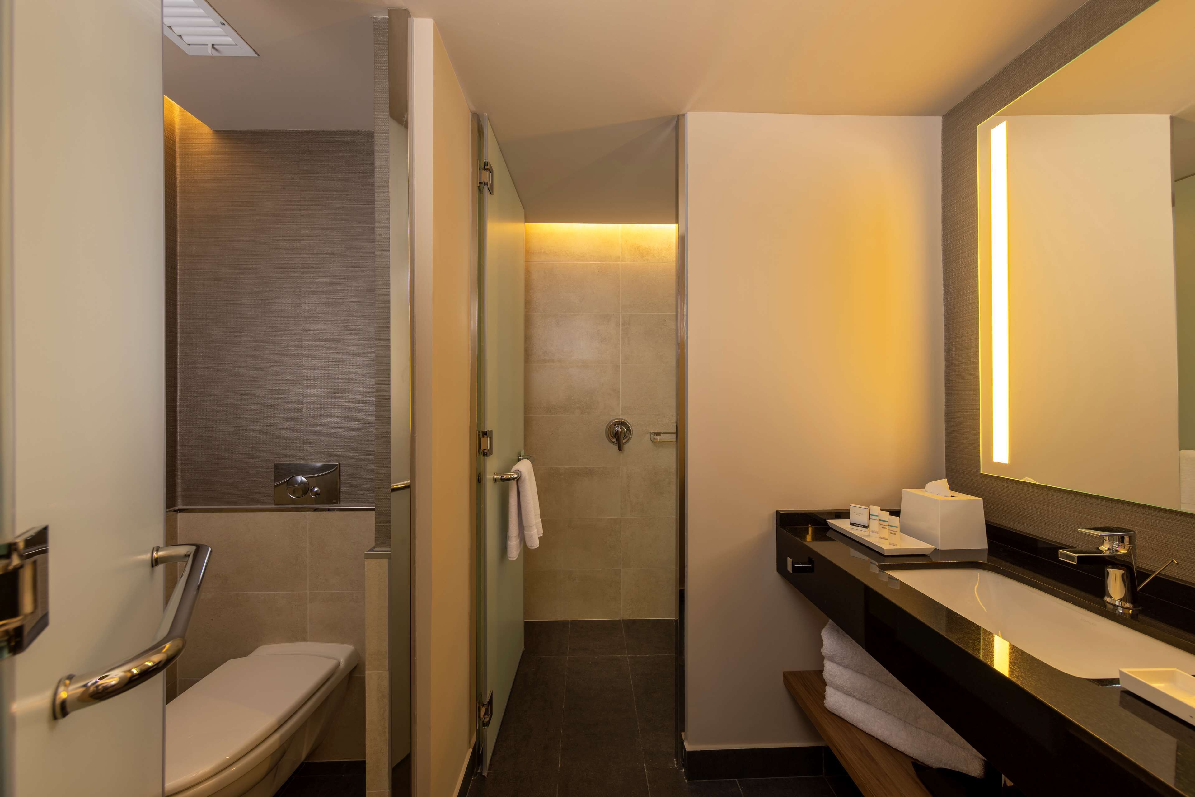 A modern bathroom with a toilet, sink, and shower area.