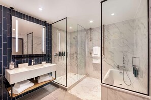 Rainfall showerhead, free toiletries, hair dryer, towels