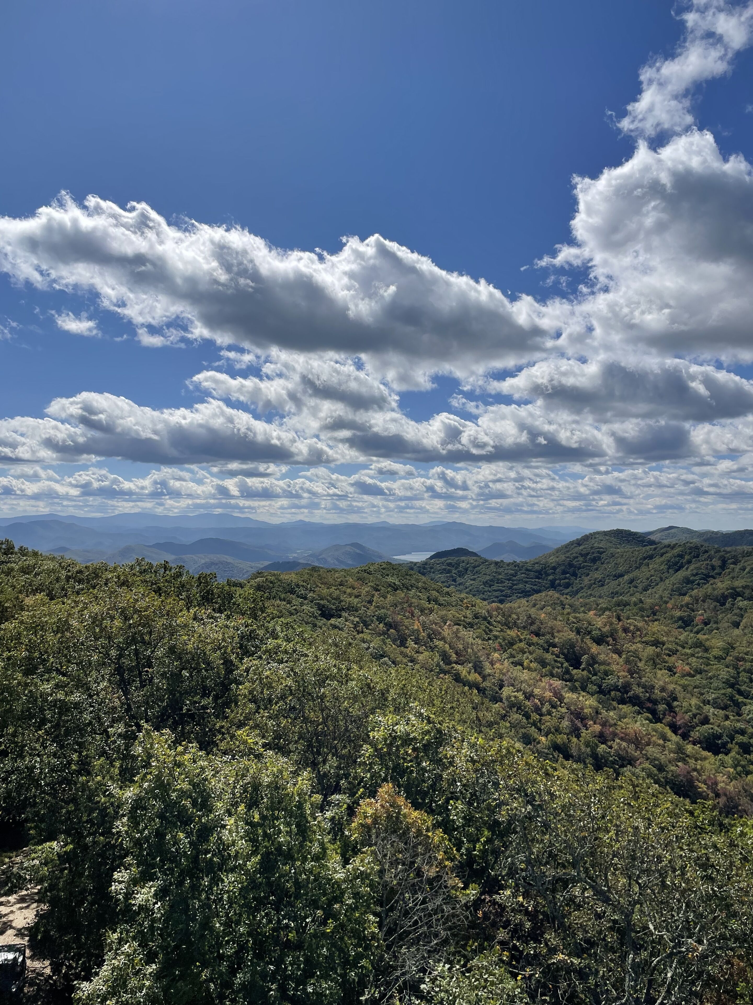 A mountainous landscape with dense forest coverage and a clear blue sky with scattered clouds.