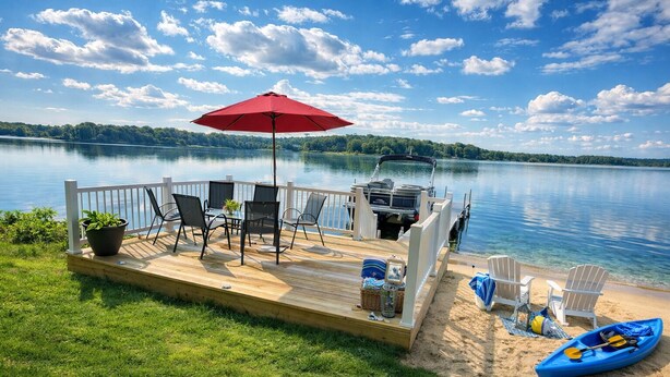 Une terrasse en bois avec des meubles d’extérieur, un parasol rouge et un kayak au bord du lac.