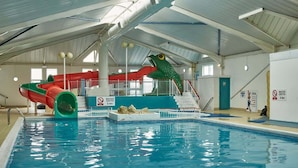Piscina interna com escorregador, plataforma de mergulho e um atrativo aquático em formato de sapo.