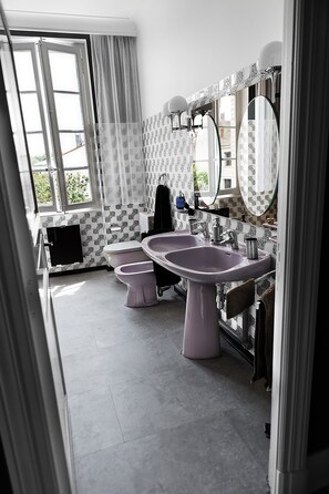 Combined shower/bathtub, hair dryer, bidet, towels