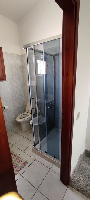 Shower, hair dryer, bidet, towels