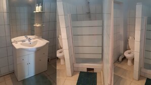A bathroom with a white sink, mirror, and toilet. - Charming, fully-equipped studio with mountain and sea views, 5 minutes from the beach (Schoelcher)
