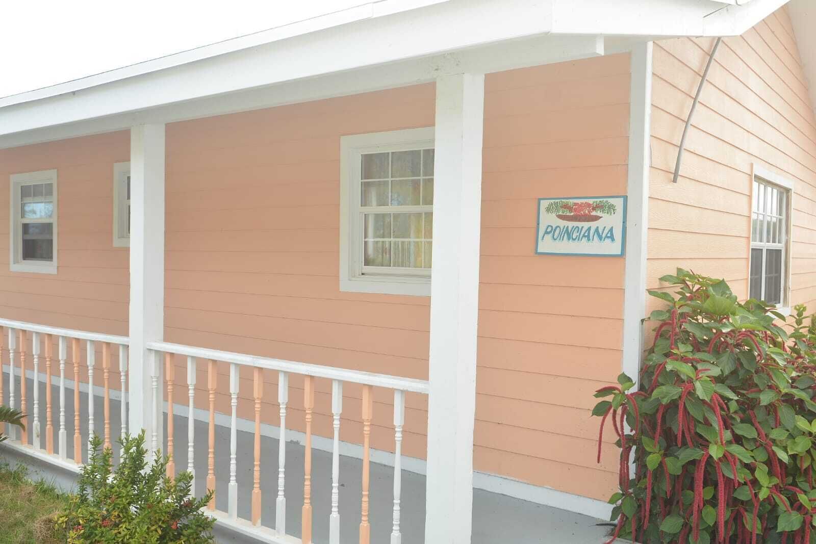 A house with a porch, a sign reading "POINCIANO," and a plant with red leaves.
