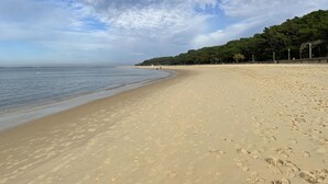 A wide sandy beach with footprints, a calm sea, and a forested hill in the background. - 2 bedrooms, 2 bathrooms appartement with terrace and balcony, close to beaches (Arcachon)