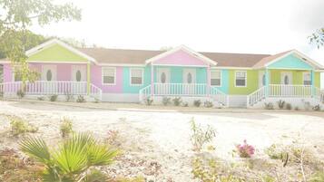 A row of colorful houses with a sandy foreground and sparse vegetation.