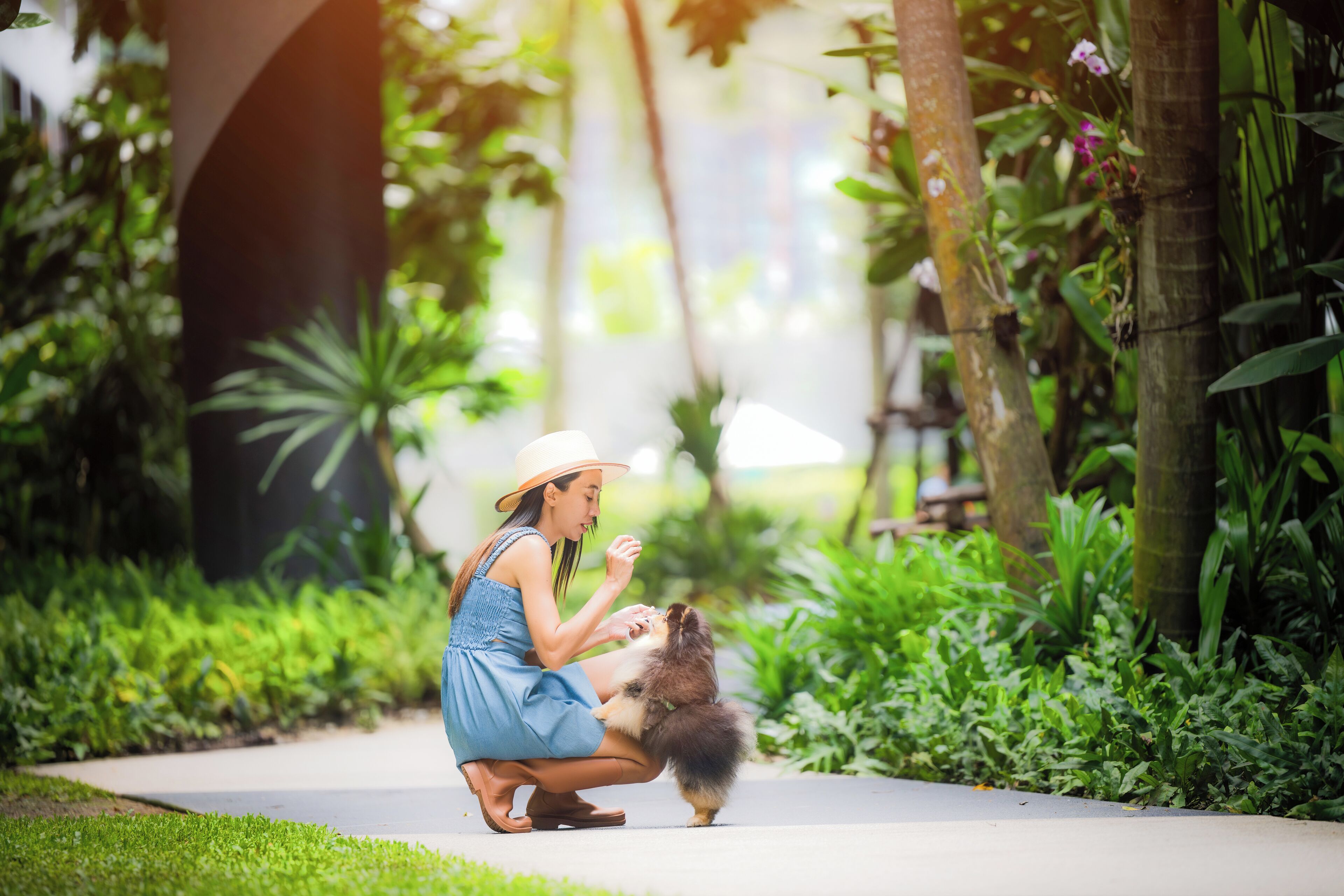 A woman in a blue dress and hat crouching on a pathway with a small dog.
