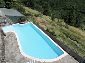 Ein Schwimmbecken mit Steinbord, umgeben von einer Steinmauer und einem Garten mit Bäumen und Sträuchern.