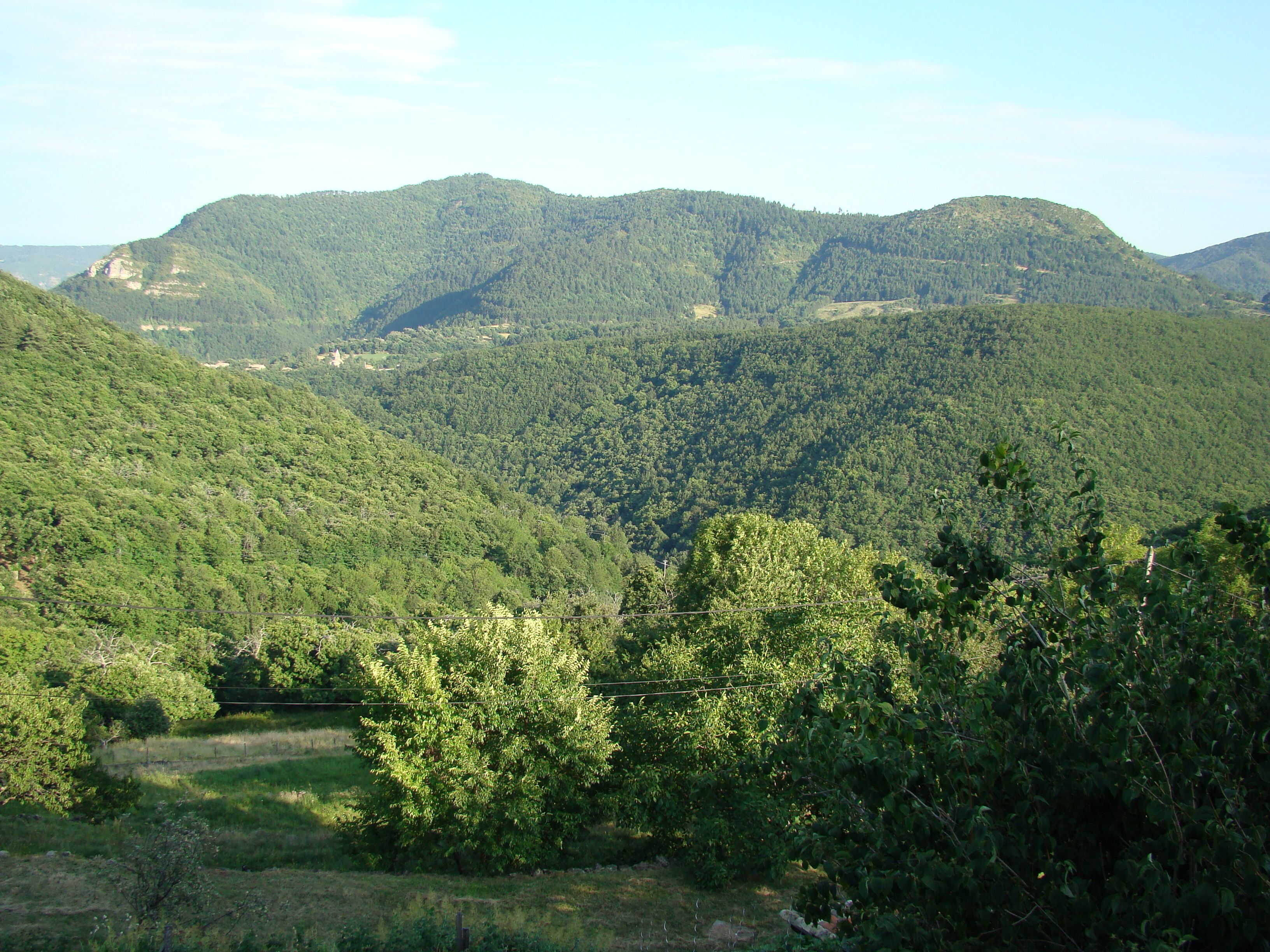 A mountainous landscape with dense forests and a clear sky.
