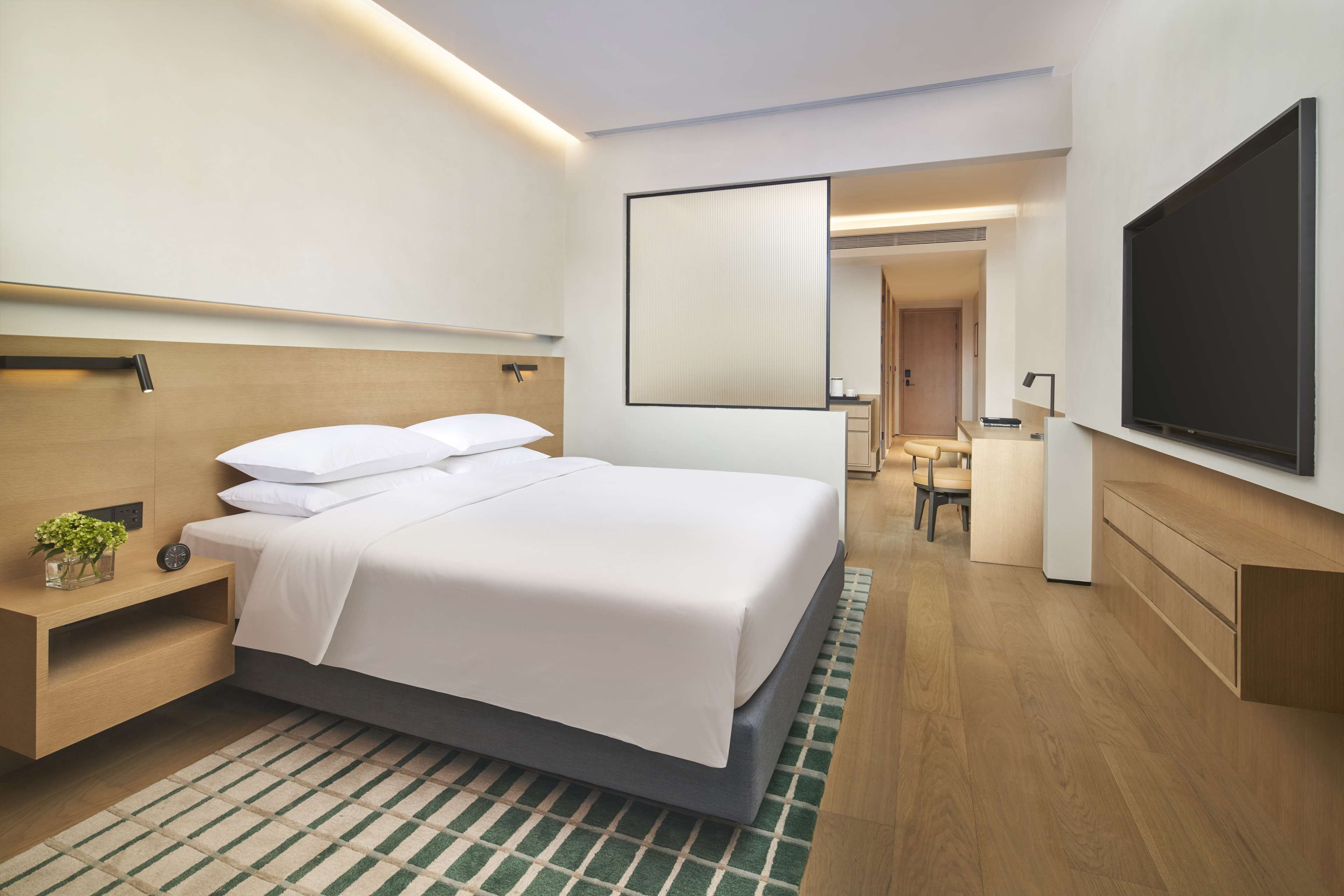 Una habitación de hotel moderna con una cama grande, un televisor de pantalla plana en la pared, una mesita de noche con una lámpara y una planta pequeña.