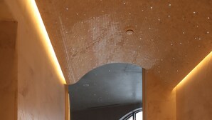 Un interior moderno con techo curvo, dos zonas de estar y grandes ventanales con vistas a edificios.