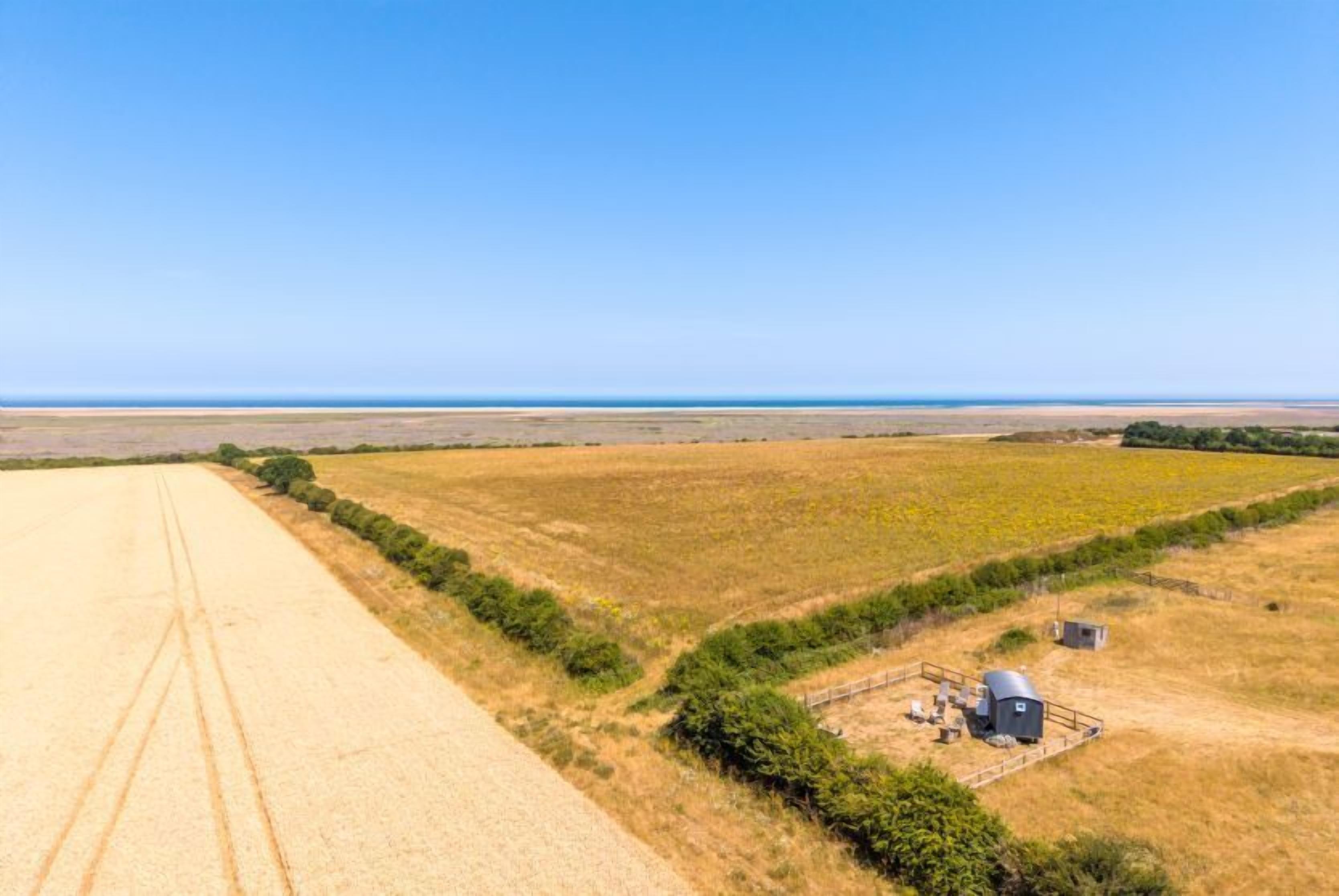 Een uitgestrekt landbouwveld met een heldere lucht, een onverharde weg en een klein gebouw met een omheind gebied.