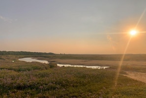 A natural landscape with a river, grassy fields, and a sunset.